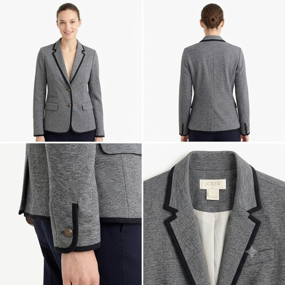J.Crew Blazer Women 6 Grey Schoolboy Knit Grosgrain Trim Crest Button Jacket
